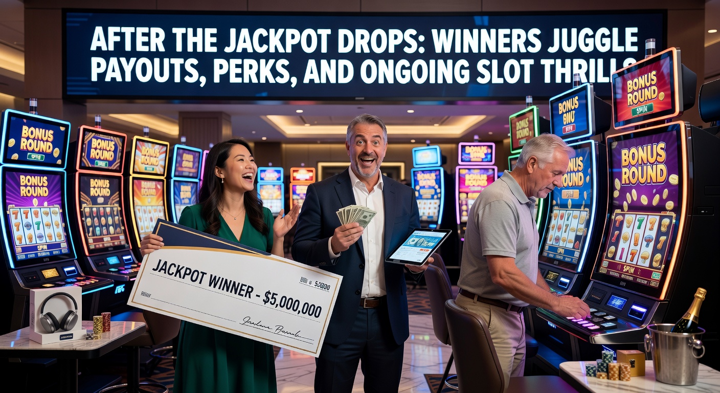 A jubilant slot player stands amid flashing lights as jackpot coins cascade down, capturing the raw excitement of a life-altering win