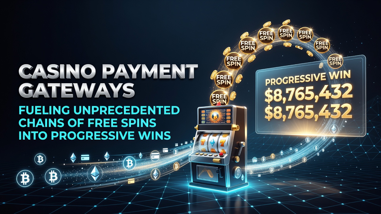 Casino payment gateway interface showing instant deposits and free spin bonuses flowing into progressive jackpot meters