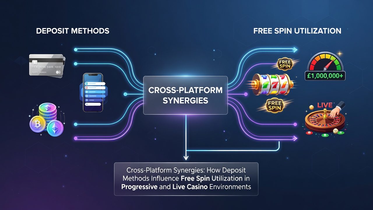 Diagram showing connections between e-wallet deposits, free spin chains, and live dealer table activity across devices