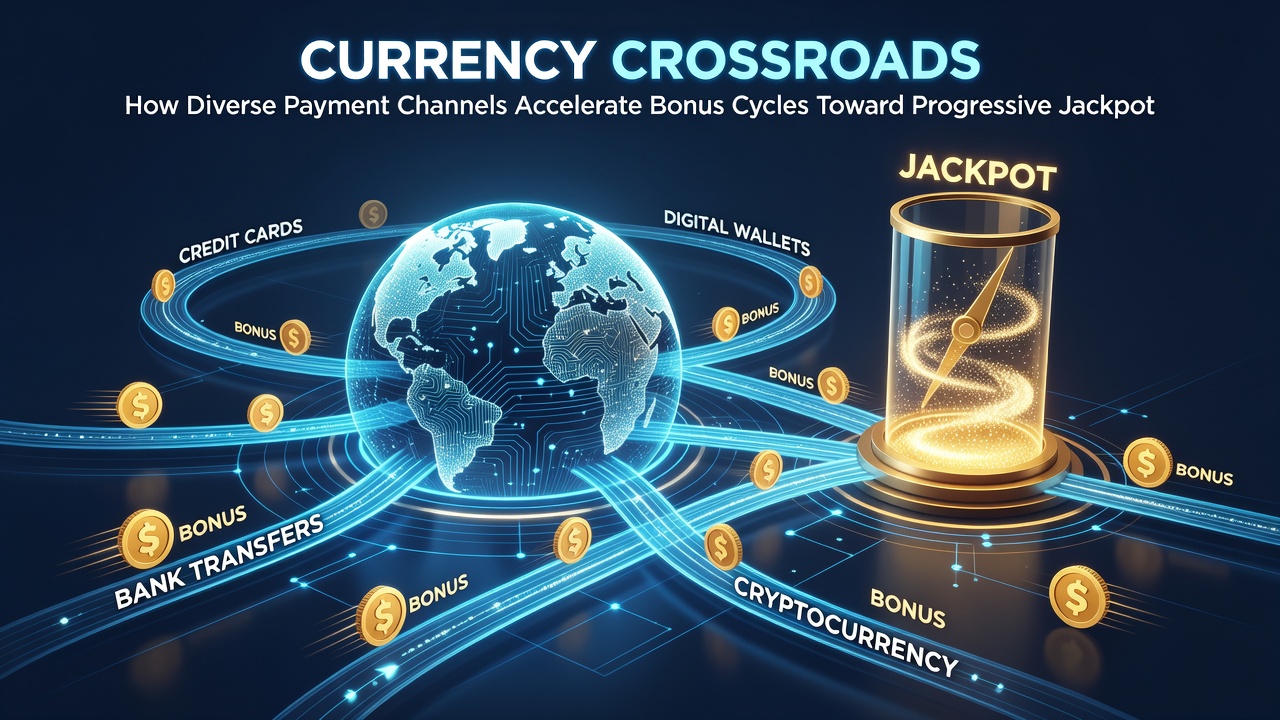 Infographic illustrating payment channel flow from deposit to bonus wagering and progressive jackpot meter growth