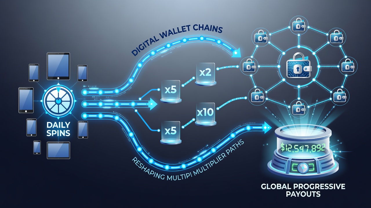 Mobile screen displaying progressive jackpot growth linked through digital wallet transactions