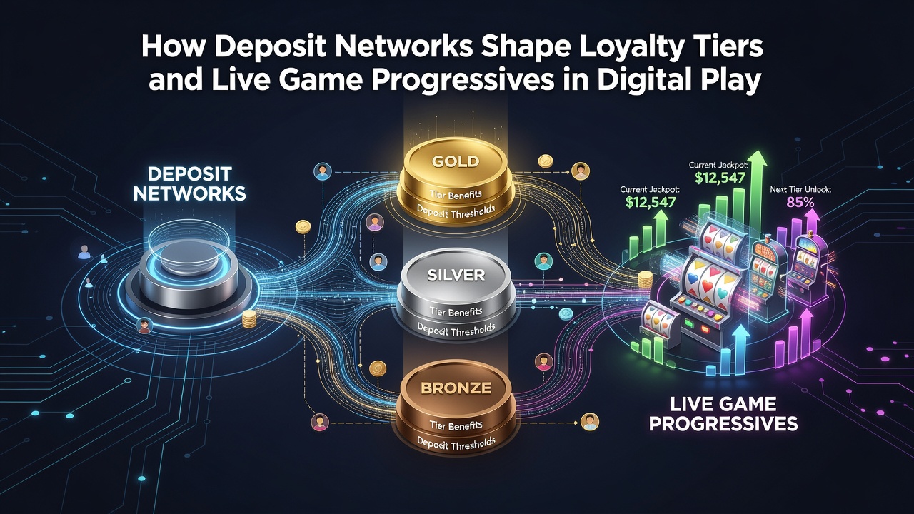 Diagram of live game progressive systems linked to deposit networks and loyalty progression paths