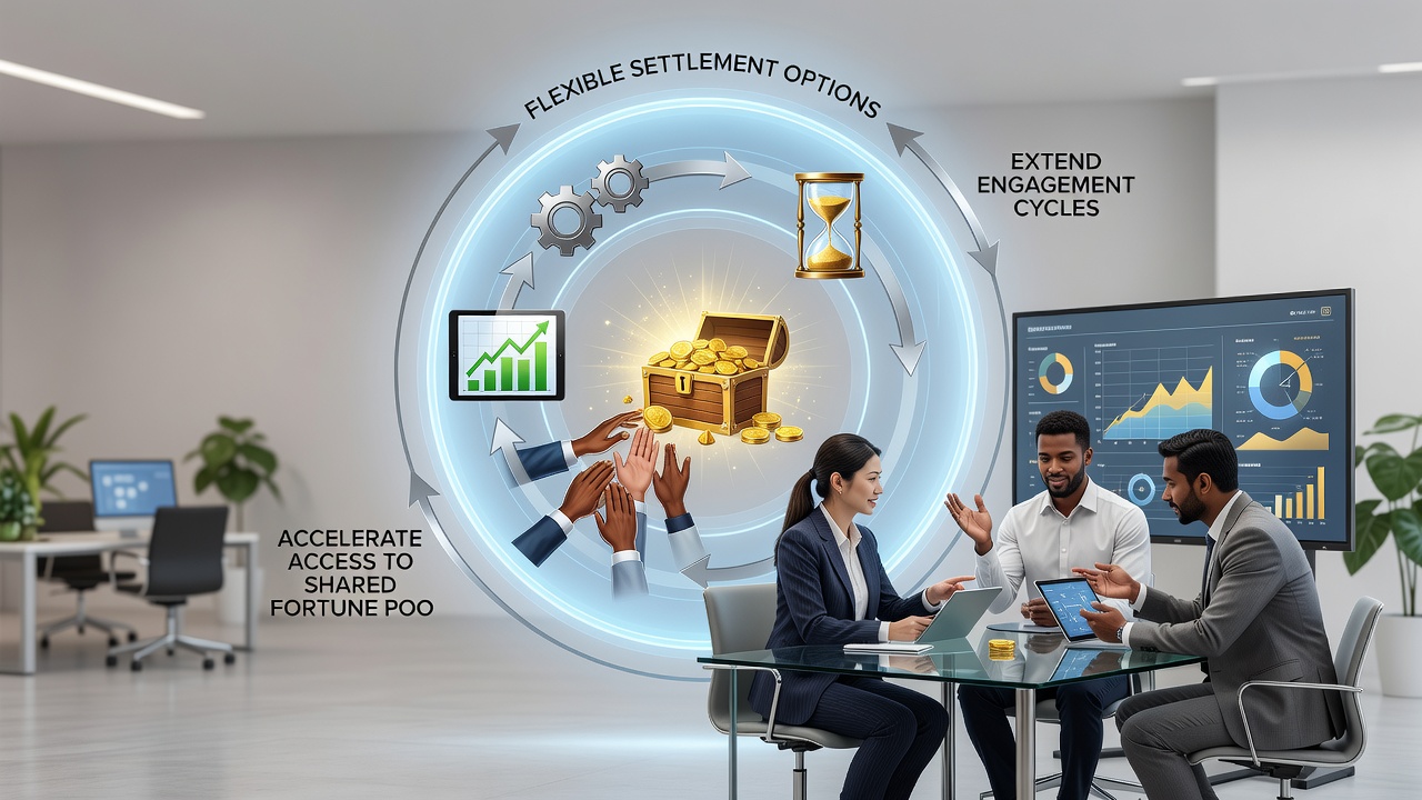 Mobile screen showing progress toward shared fortune pool with settlement timeline options