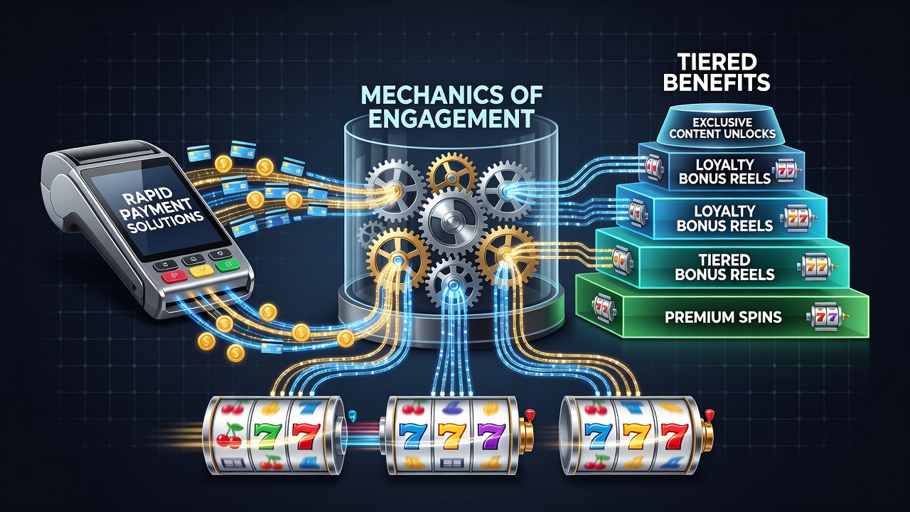 Illustration of interconnected payment systems and slot reel interfaces showing instant transaction flows