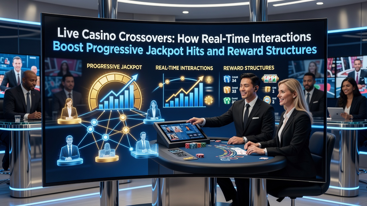 Live casino crossover scene showing real-time dealer interaction with progressive jackpot displays on multiple screens