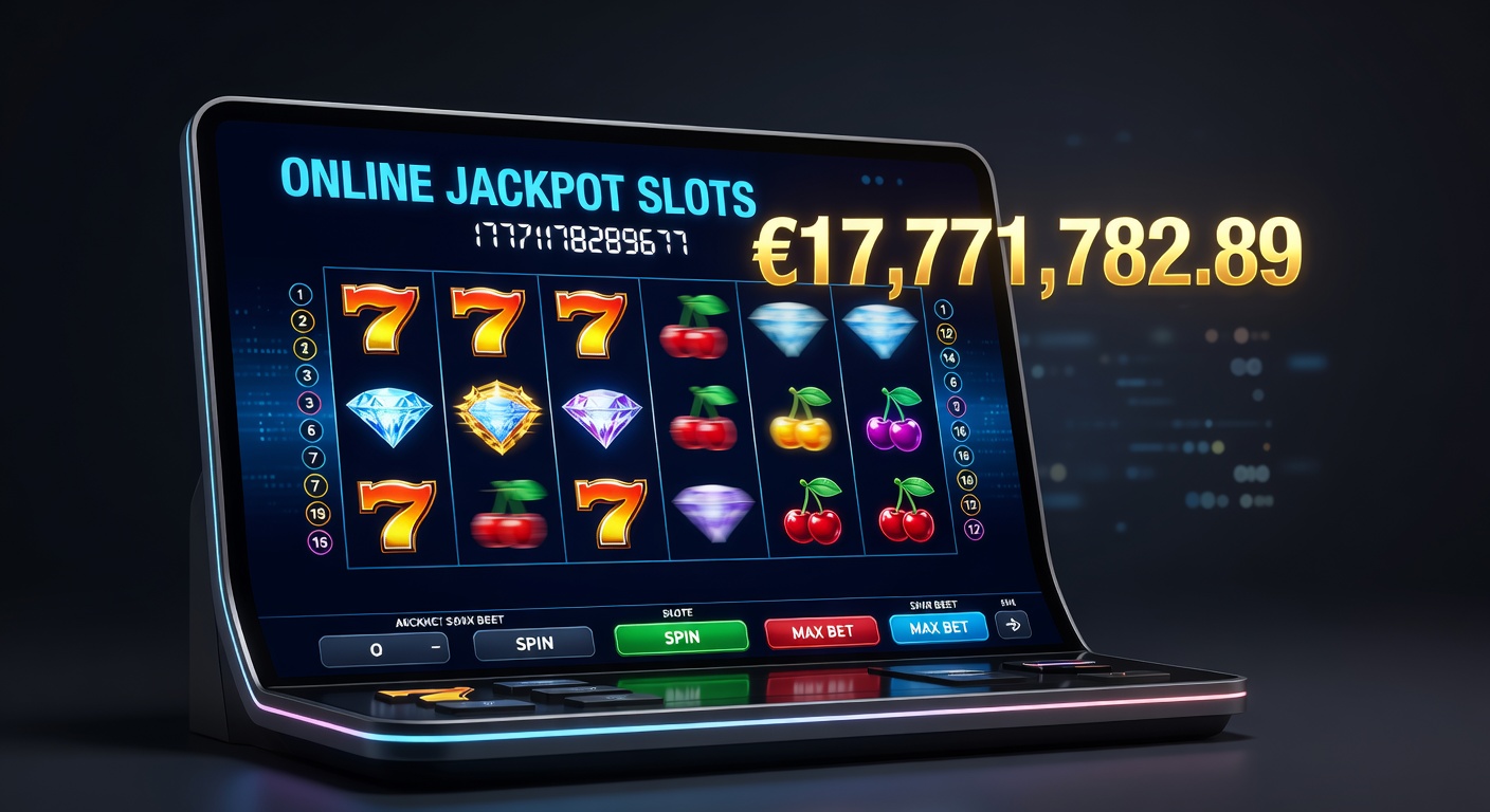 Vibrant online slot machine screen displaying a massive progressive jackpot counter ticking upward amid flashing lights and spinning reels