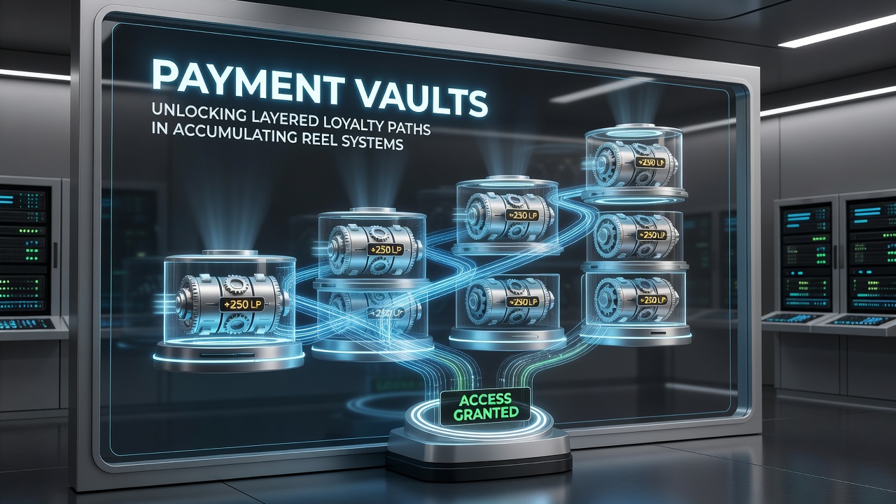 Diagram showing layered loyalty progression tied to payment vault and reel accumulation data flows