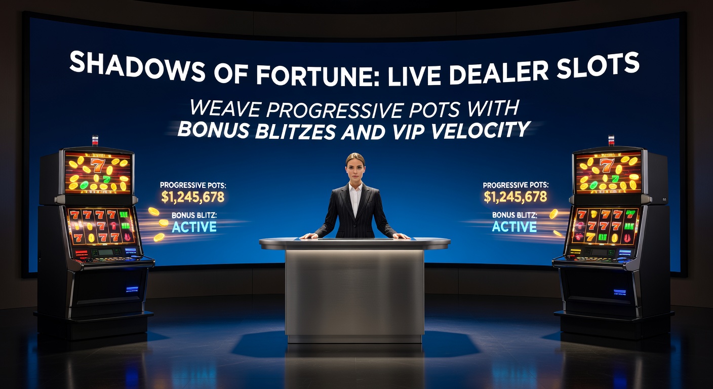Vibrant live dealer slot interface showing spinning reels, glowing progressive jackpot meter, and bonus icons amid a shadowy casino backdrop