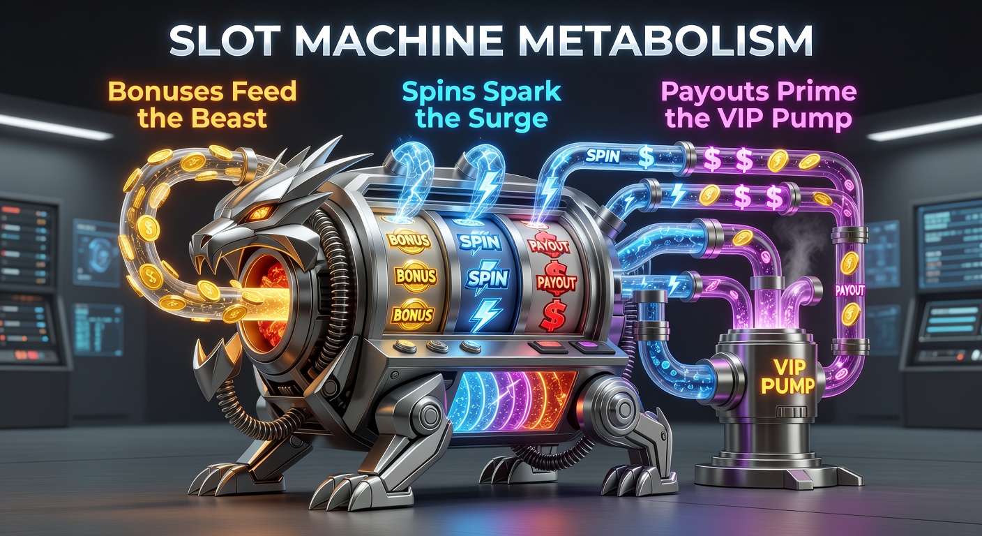 Conceptual diagram of a slot machine's metabolic process, illustrating bonuses as input fuel entering the system, spins generating internal energy surges, and payouts flowing out to power VIP loyalty mechanisms