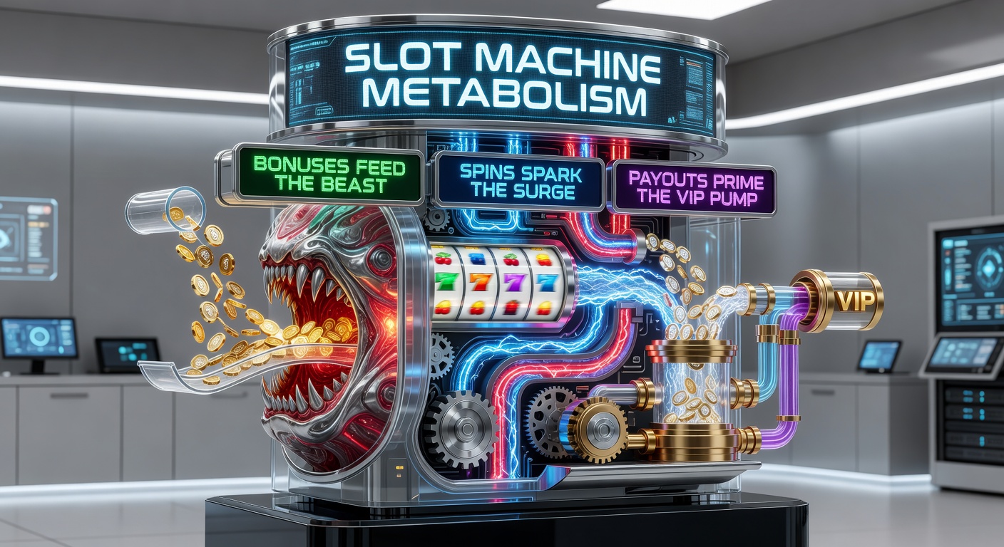 Dynamic visualization of slot spins generating energy surges within the machine's core, transitioning payouts toward VIP loyalty pathways with escalating reward tiers