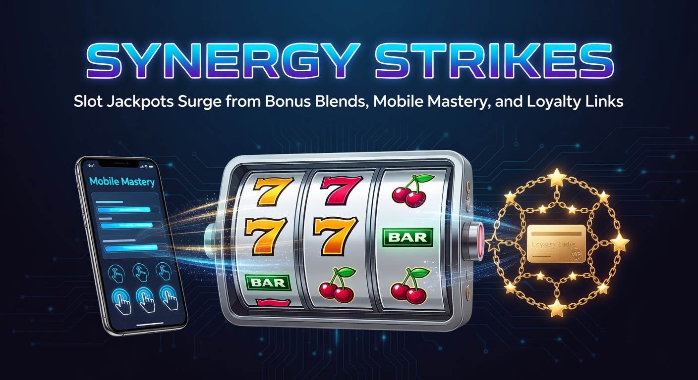 Vibrant slot machine screen displaying cascading bonus symbols merging with mobile interface and loyalty reward icons, symbolizing jackpot synergies