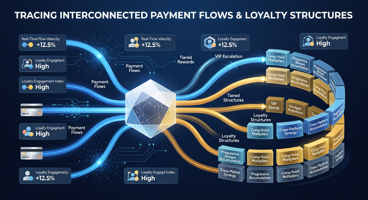 Interconnected payment flows and loyalty structures in hybrid casino environments showing transaction networks and reward systems