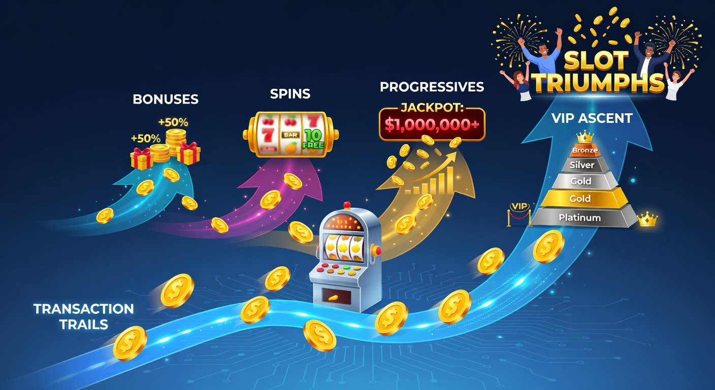 Dynamic illustration of free spin wheels exploding into progressive jackpot trails and VIP badges ascending golden stairs