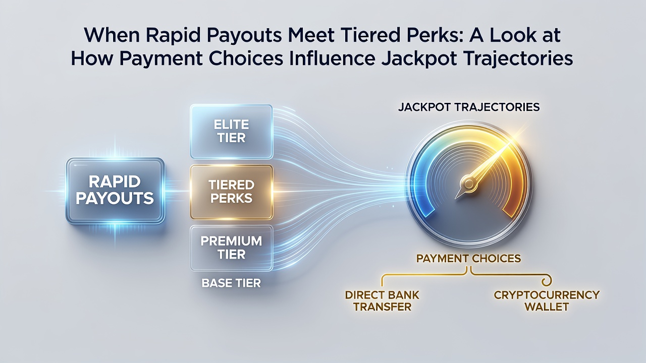 Infographic displaying payment flow from e-wallets and crypto to jackpot wins and loyalty tier progression charts
